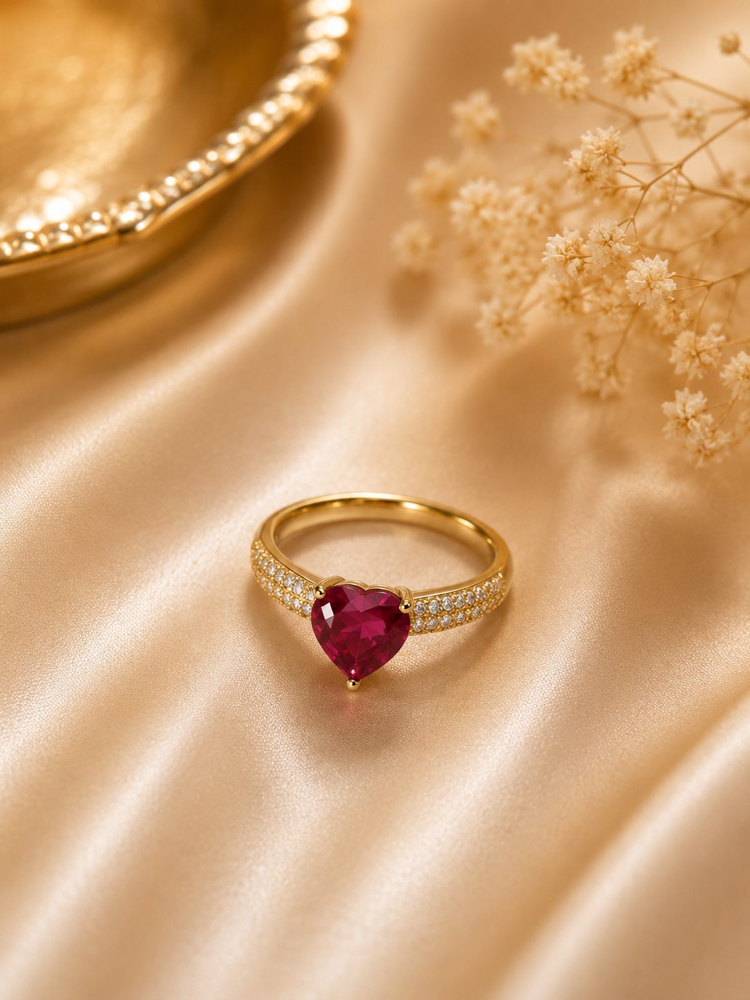 Gold Ruby Heart Solitaire Pavé Ring size 6