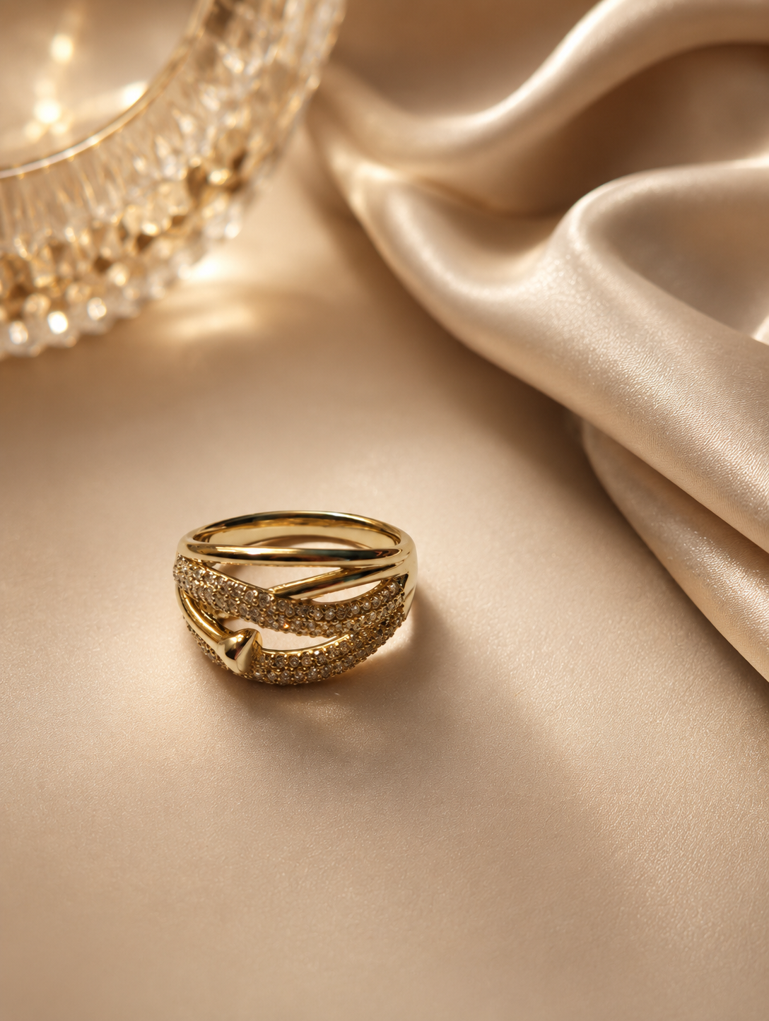 Gold Crossover CZ Pavé Cocktail Ring size 9