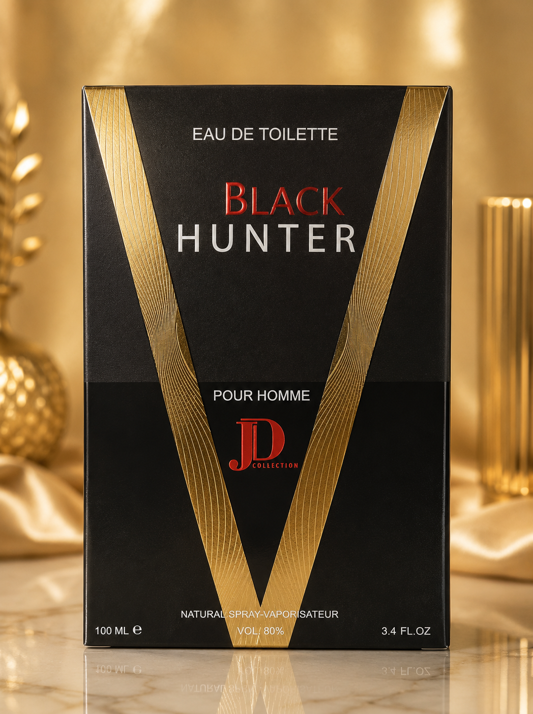 Black Hunter Pour Homme by JD Collection – Eau de Toilette 100ml, black and gold V-design box
