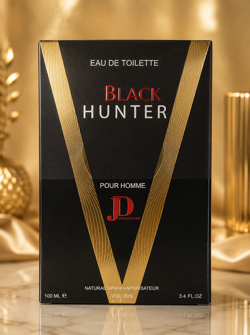 Black Hunter Pour Homme by JD Collection – Eau de Toilette 100ml, black and gold V-design box
