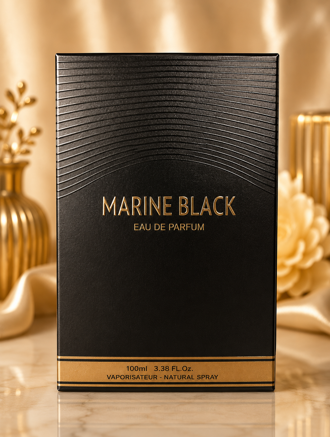 Marine Black Eau de Parfum 100ml – Matte black box with wave texture and gold lettering