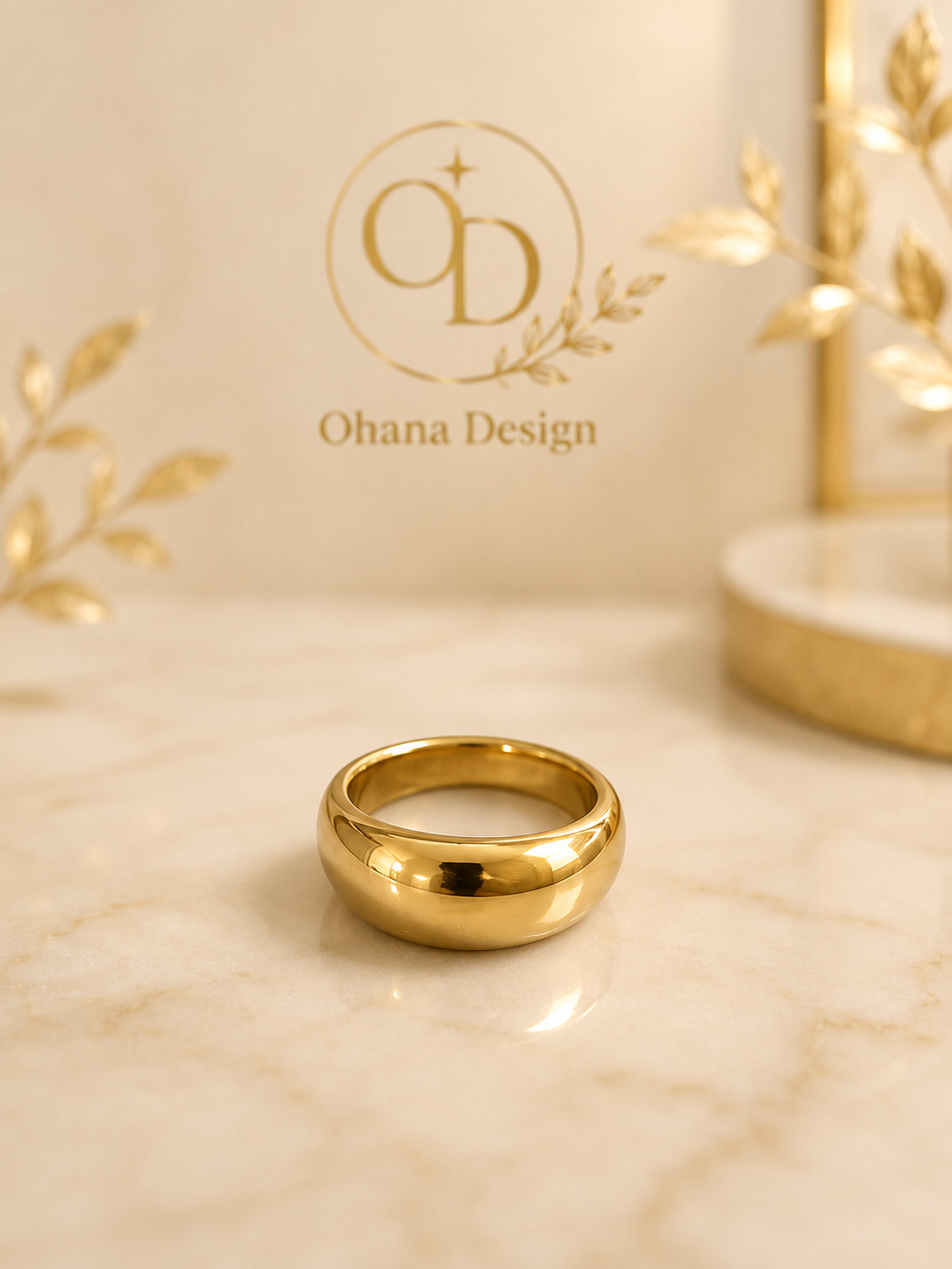 Gold Dome Ring by Ohana Design – 18K gold plated dome band ring on white marble surface