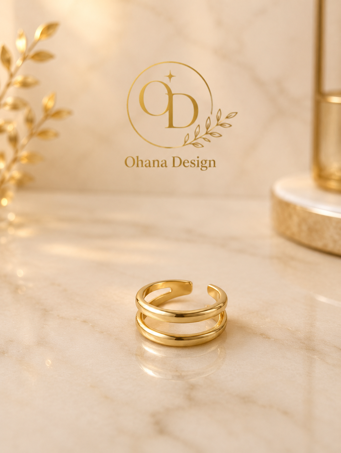 Gold Triple Band Open Ring by Ohana Design – 18K gold plated adjustable ring on white marble surface