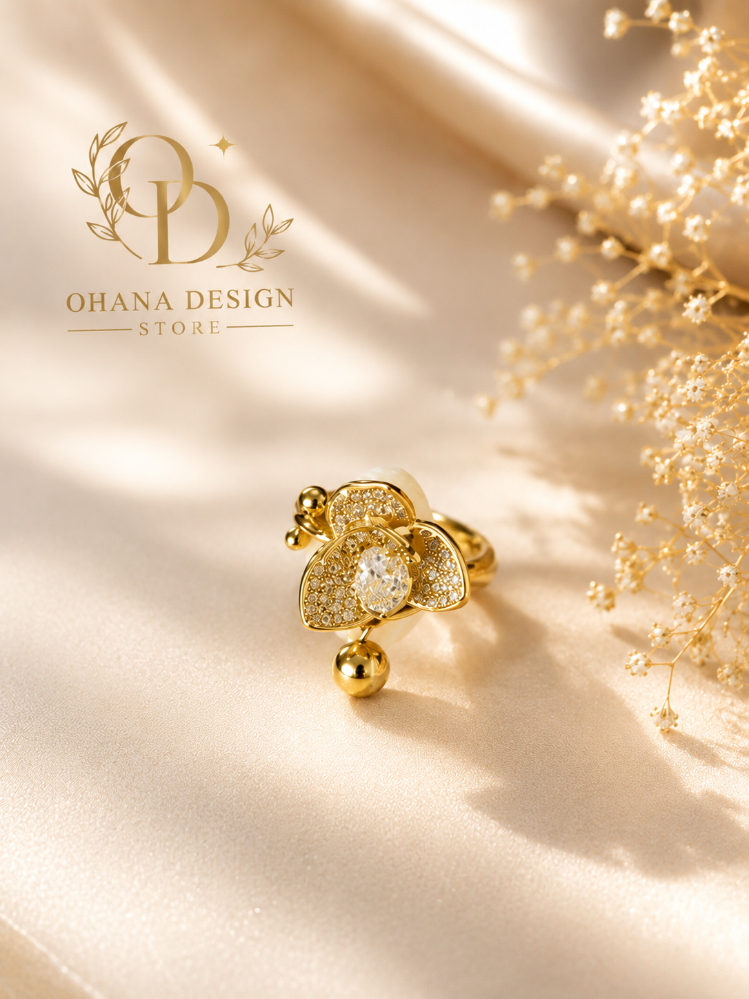 Gold Orchid Flower Ring – Crystal Pavé