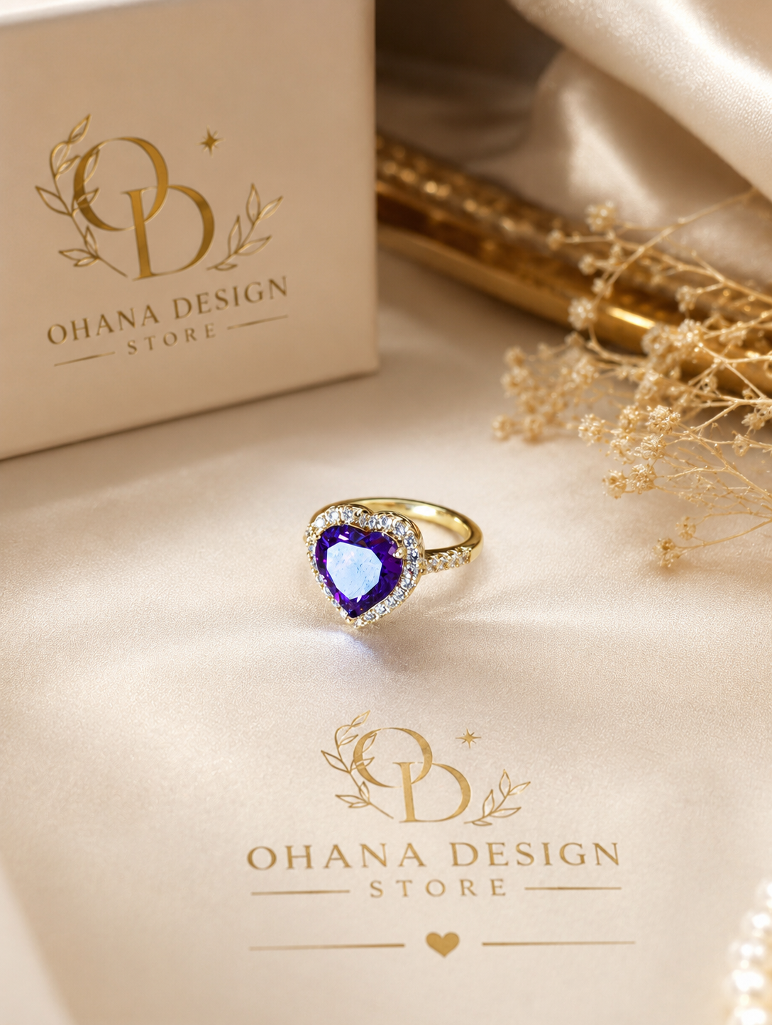 Amethyst Heart Ring – Gold Halo Crystal Pavé Statement Ring size 6