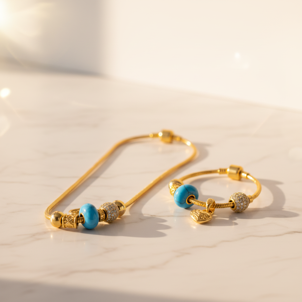 Gold Charm Pandora Set Necklace & Bracelet Set – Blue Stone Jewelry Set