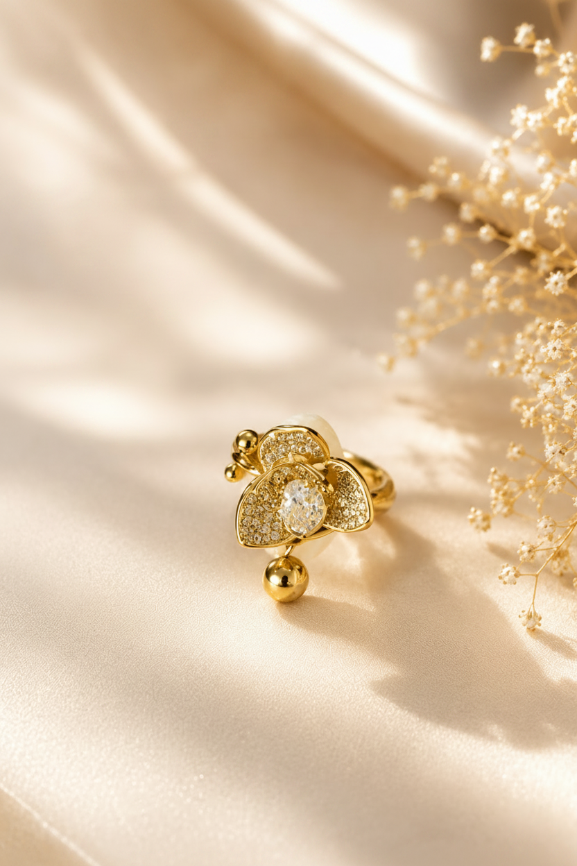 Gold Orchid Flower Ring – Crystal Pavé