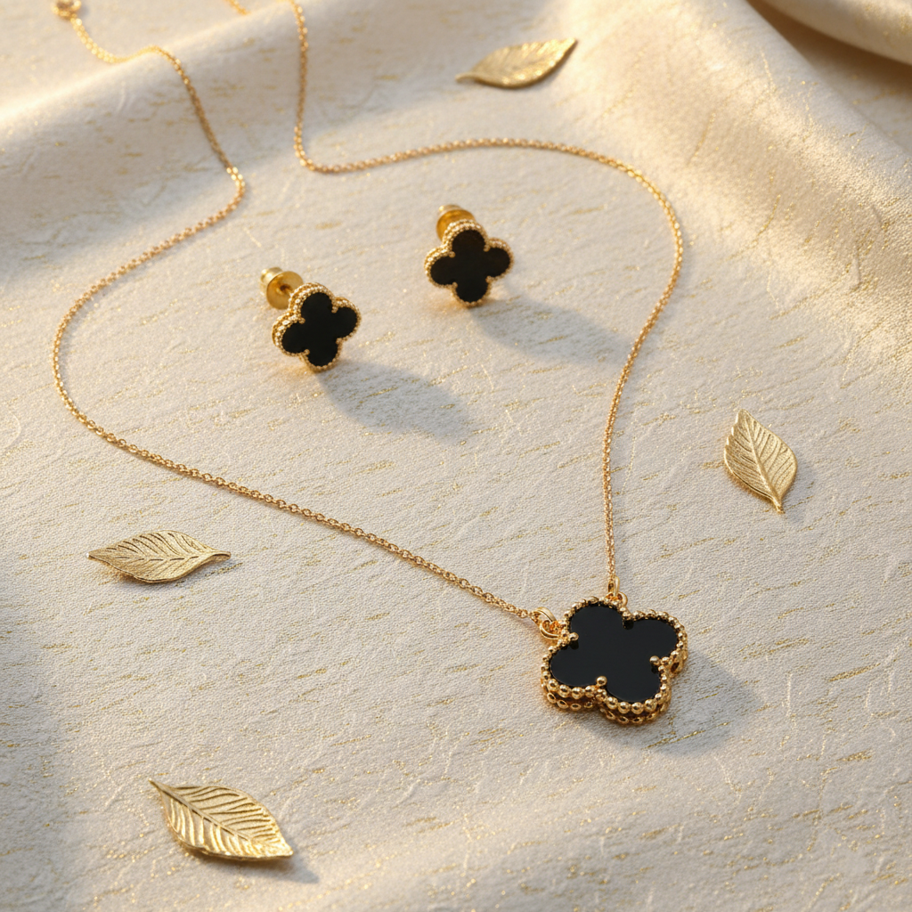 Gold jewelry set with a four-leaf clover pendant necklace, matching stud earrings, and decorative gold leaf accents on a textured cream fabric background.